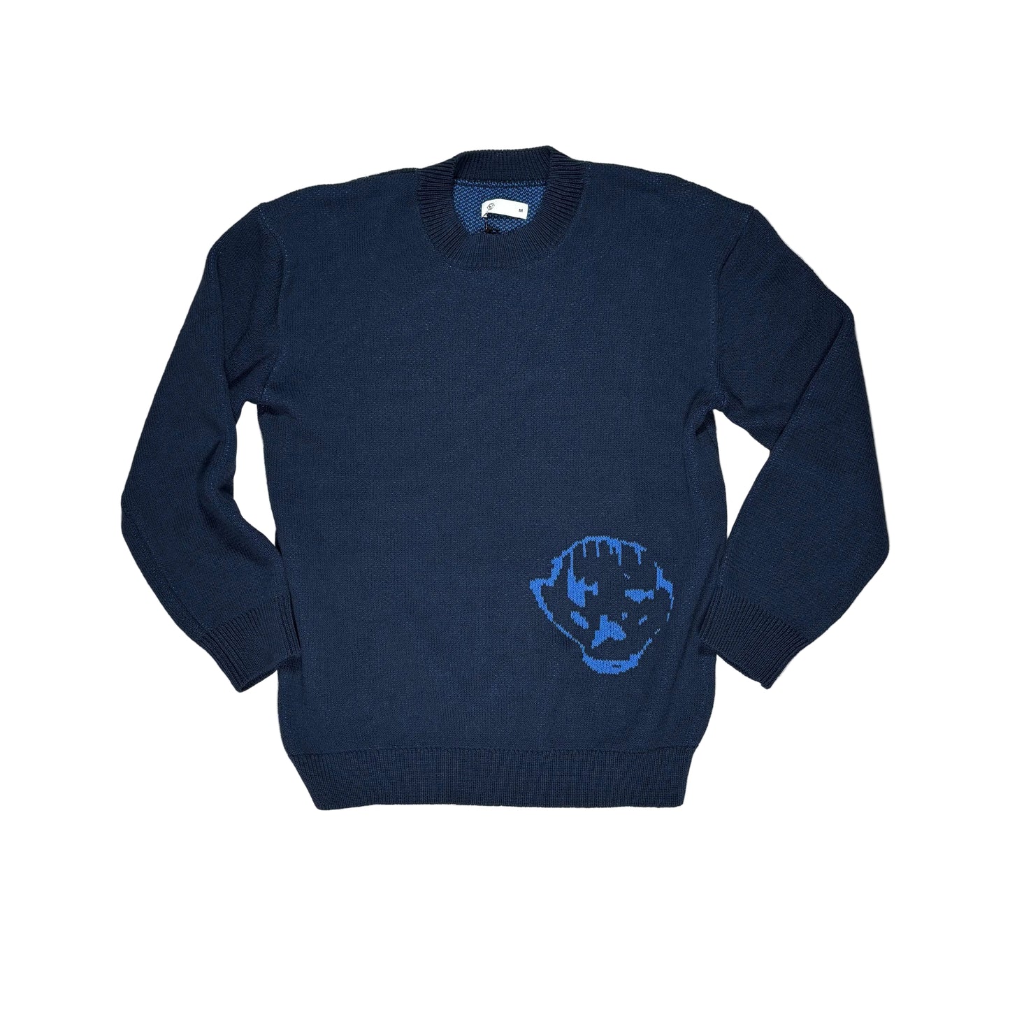 Navy blue sweatshirt with a blue graphic on a white surface