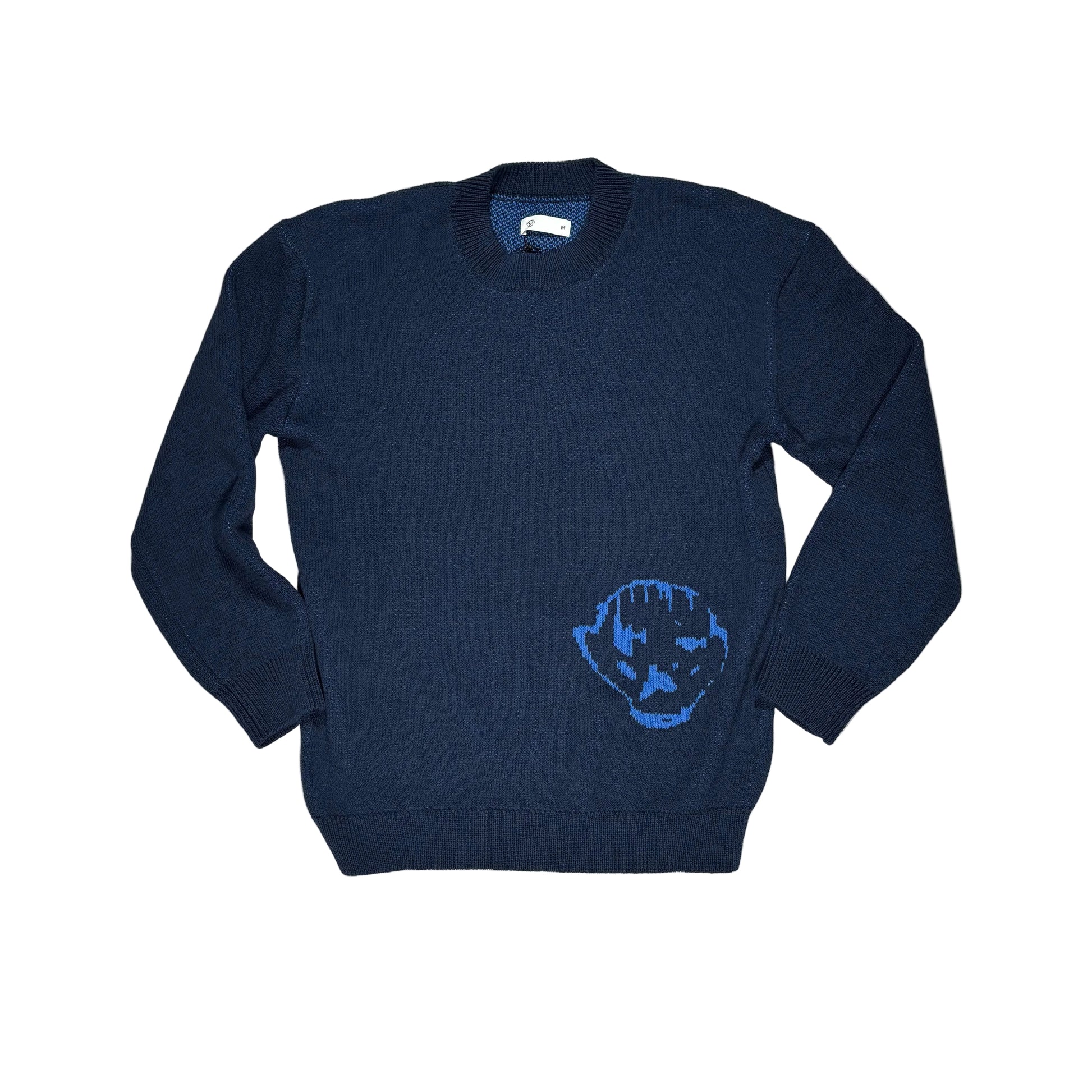 Navy blue sweatshirt with a blue graphic on a white surface