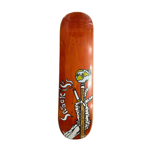 Skateboard deck with a skeleton and cigarette design on a white surface