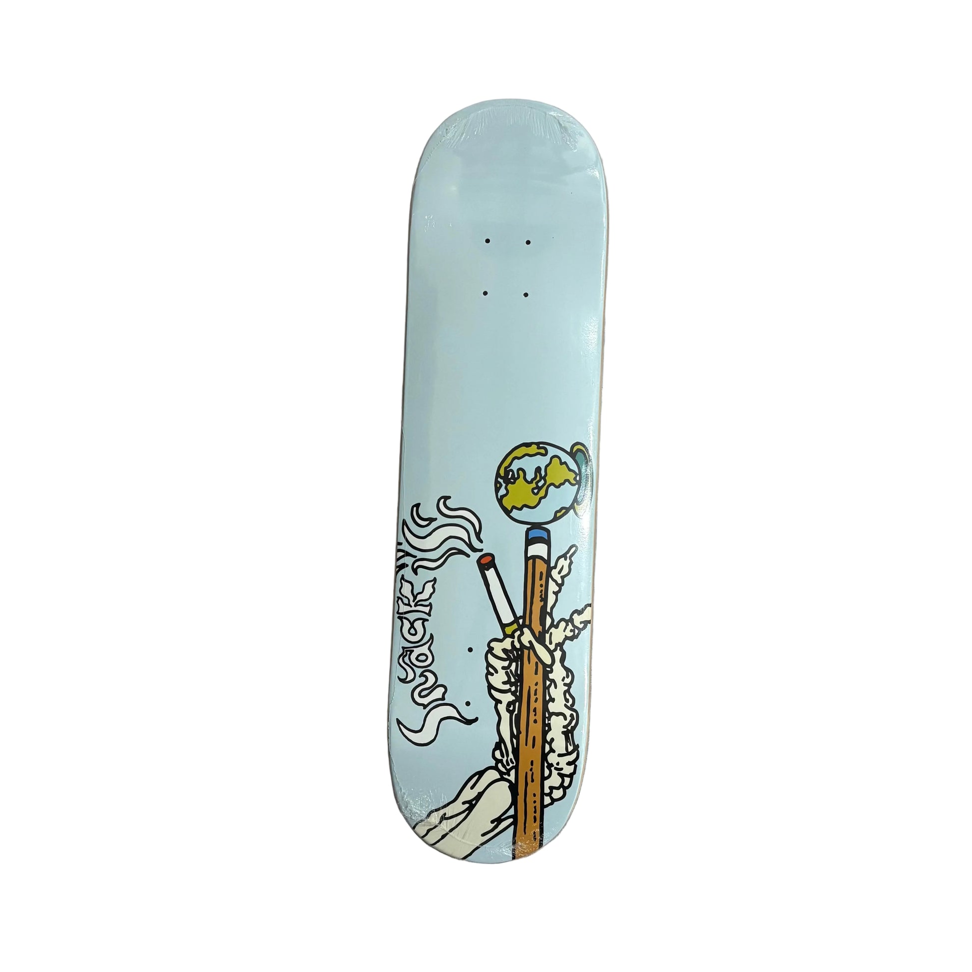 Skateboard deck with a design on a concrete surface