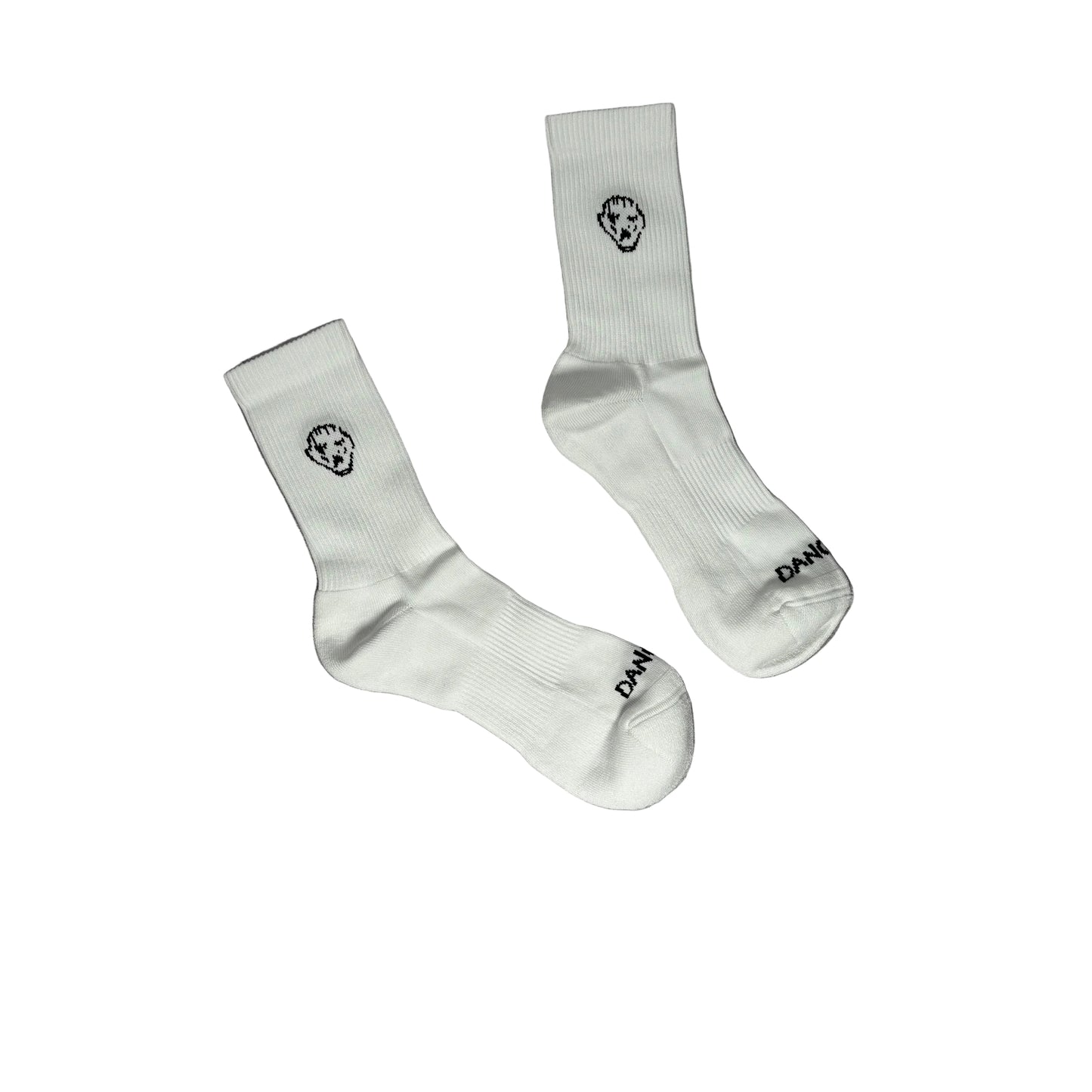 White socks with black logo and text on a white surface