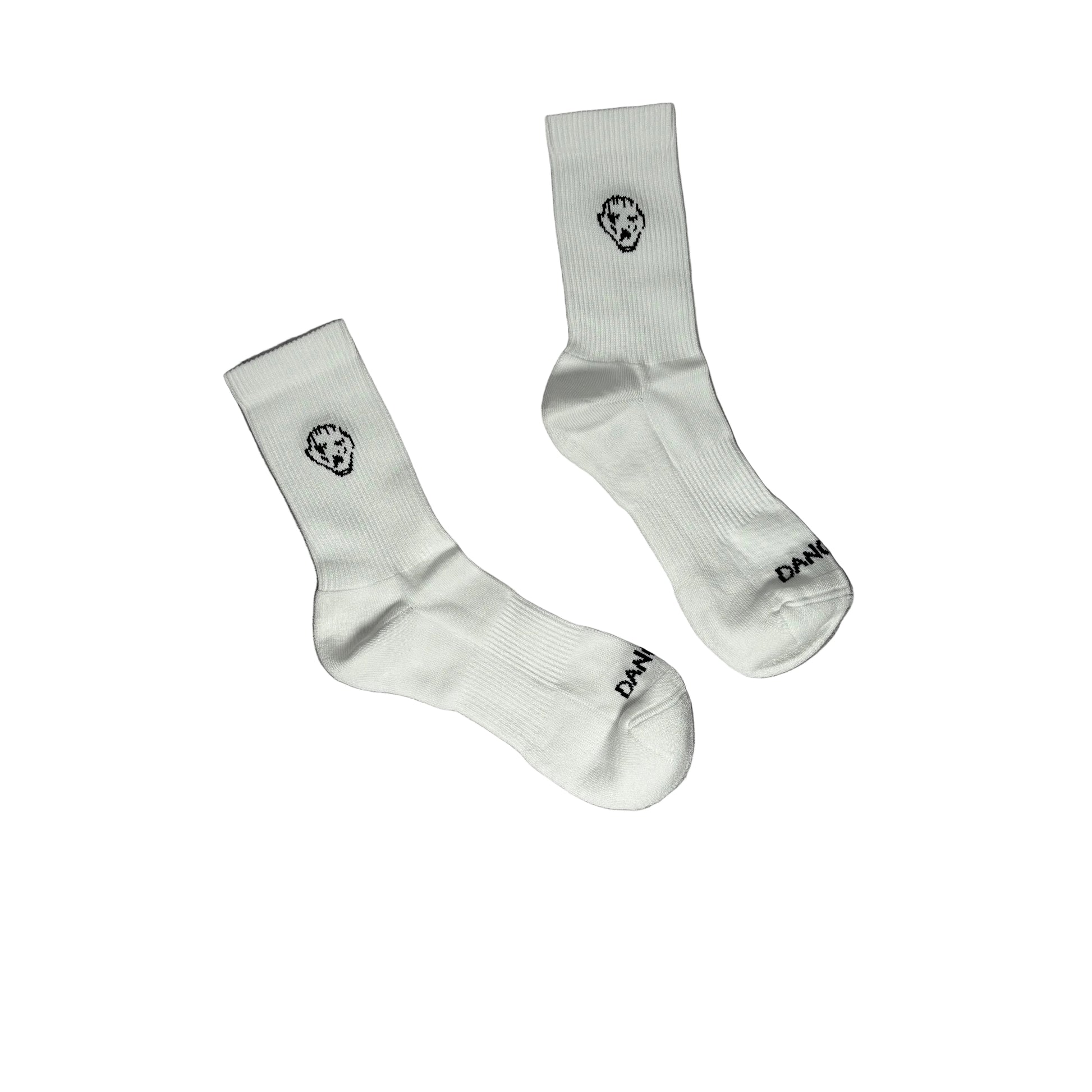 White socks with black logo and text on a white surface