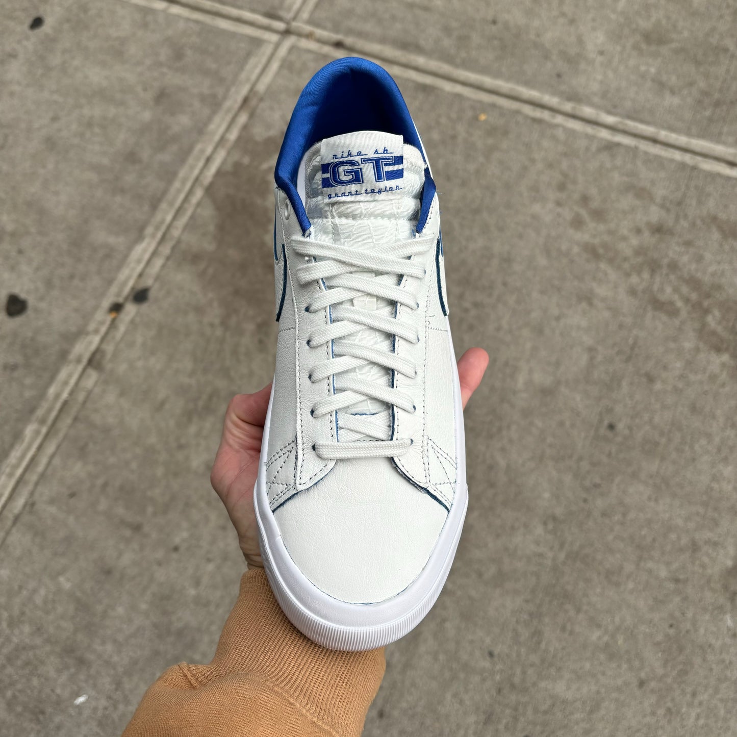 Top down view of white/blue nike skateboard sneaker