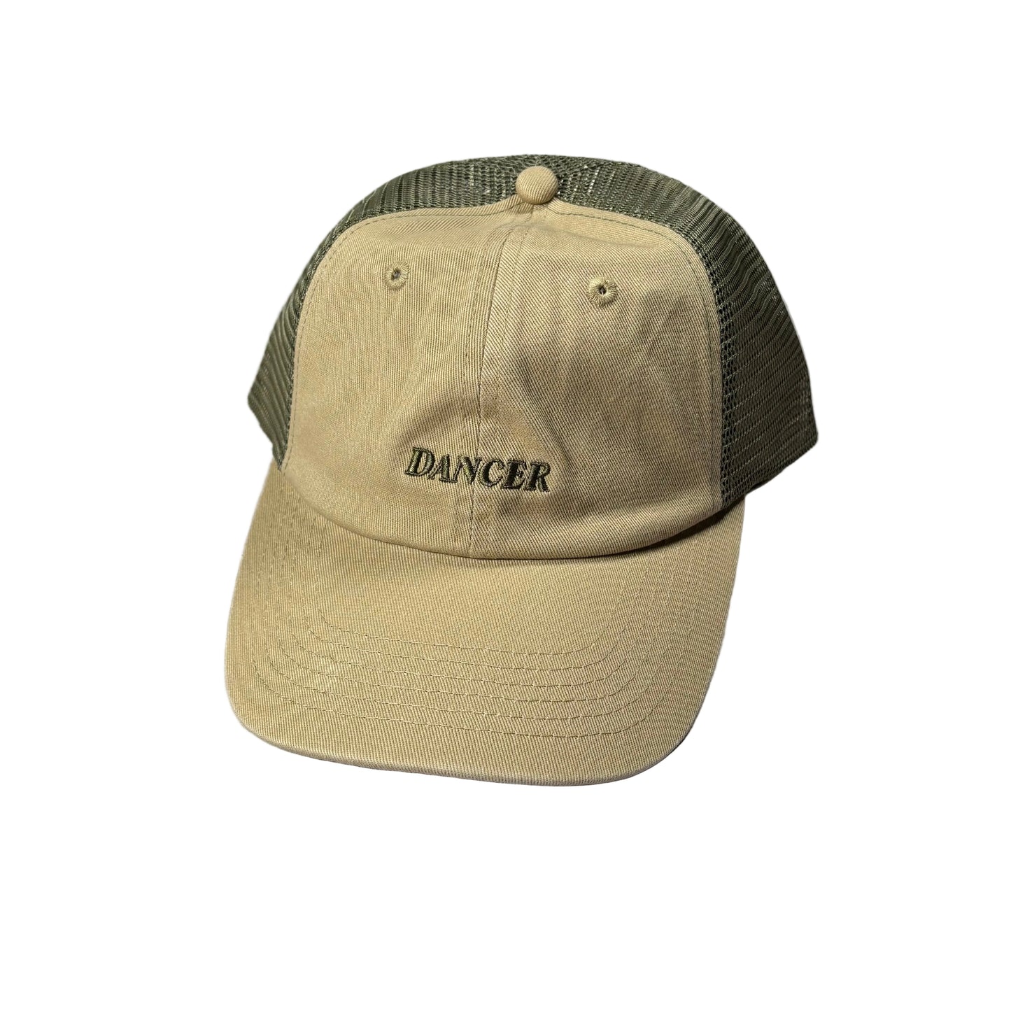 Beige and green cap with 'DANCER' embroidery on a white surface