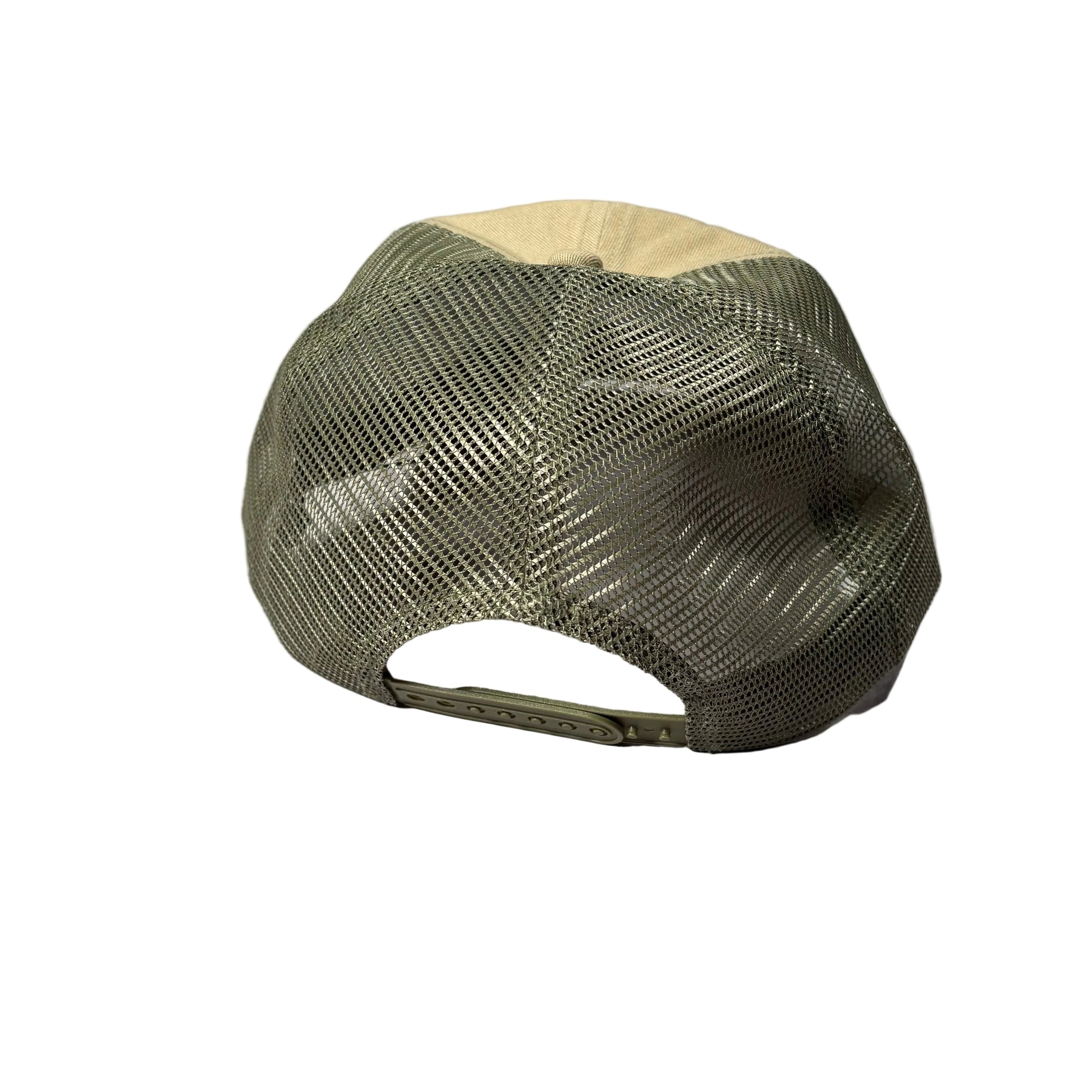 rear view of Green mesh cap on a white surface