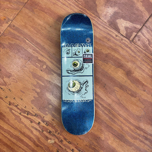 Blue sparkly background, with eyeballs on mason logo skateboard deck