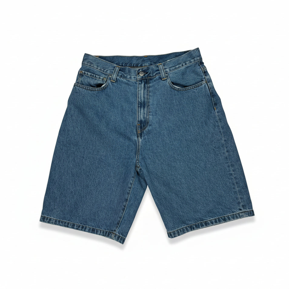 stone washed Blue denim shorts on a white surface 
