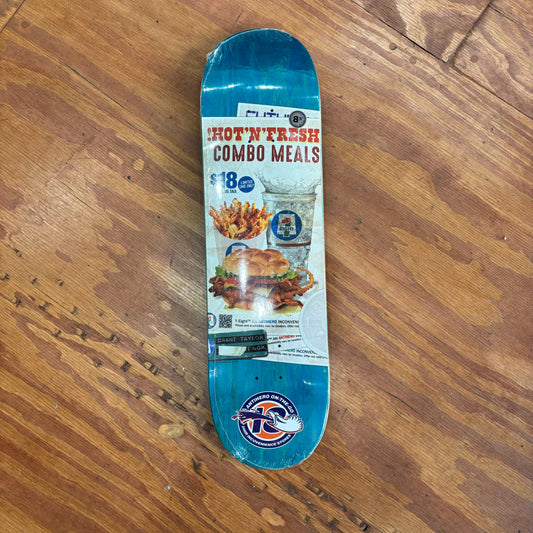 pics of unhealthy food on woodgrain skate deck