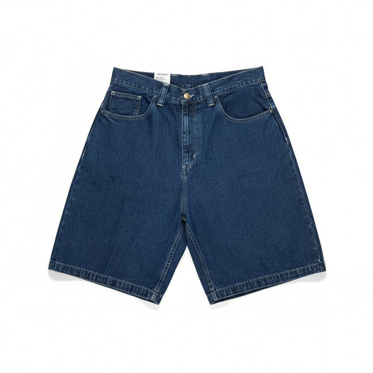 Blue denim shorts on a white surface
