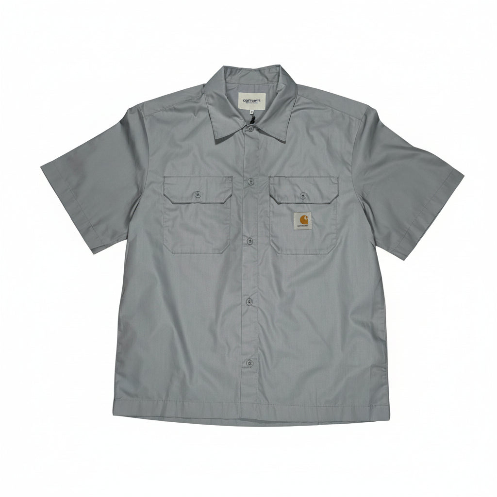 blue/Gray short-sleeve shirt with Carhartt logo on a white surface