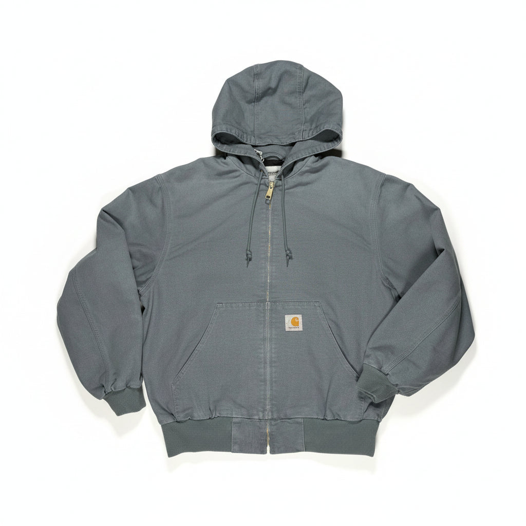 dusty blue hooded jacket on a white surface 