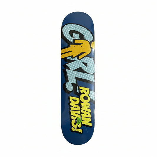 Skateboard deck with colorful graphics on a white surface