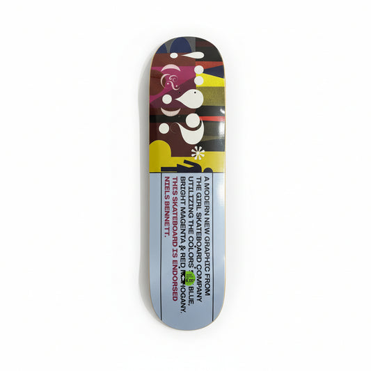 Colorful skateboard deck with text on a white surface