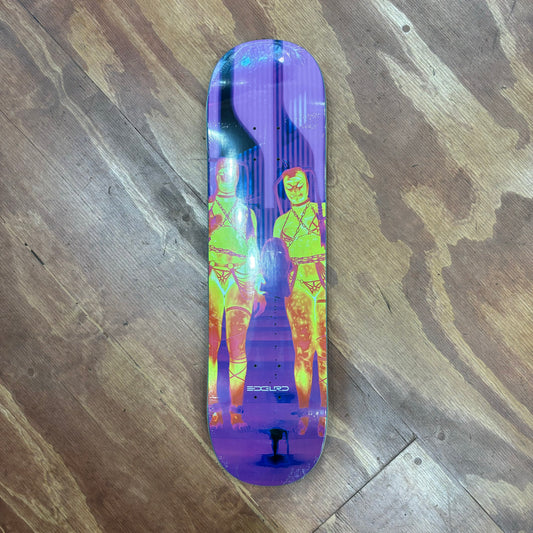 Yellow and purple cyber looking bondage girls on skateboard deck graphic