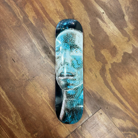 Blue cyber face looking concerned with black background on skateboard deck