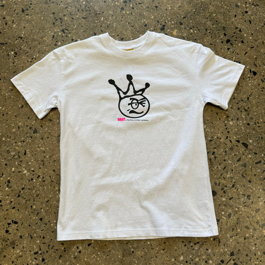 Head with crown logo in black ink on center chest, on white t-shirt with small pink brat logo 
