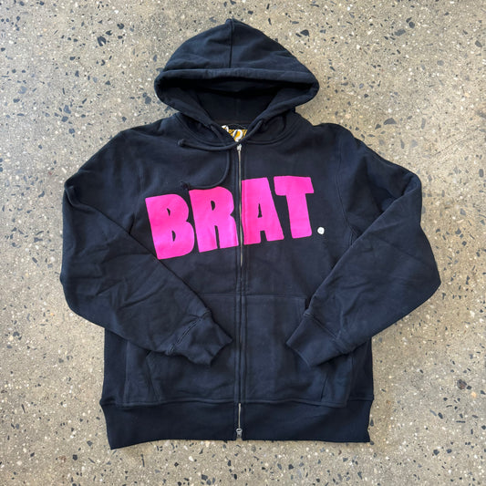 Pink BRAT logo on black zip hoodie