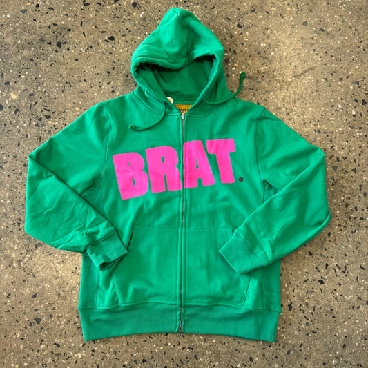 Pink BRAT logo on kelly green zip hoodie