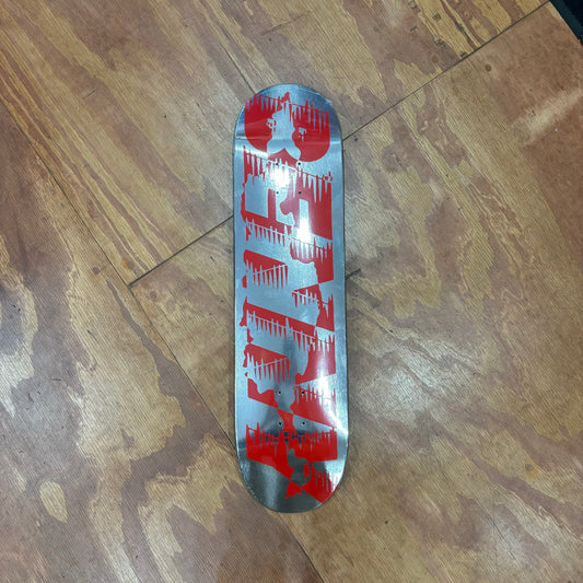 Silver and red BENNY logo skateboard deck