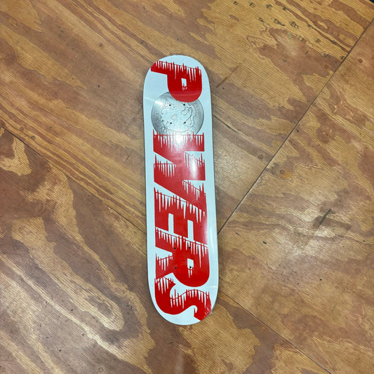 Red and white POWERS logo skateboard deck