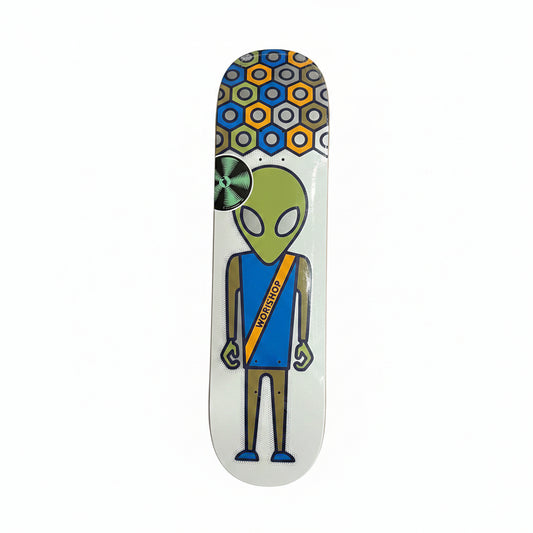 skateboard deck with alien solidier style graphic on a white background