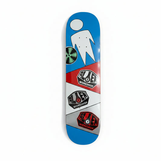 Skateboard deck with multiple logos on a white surface