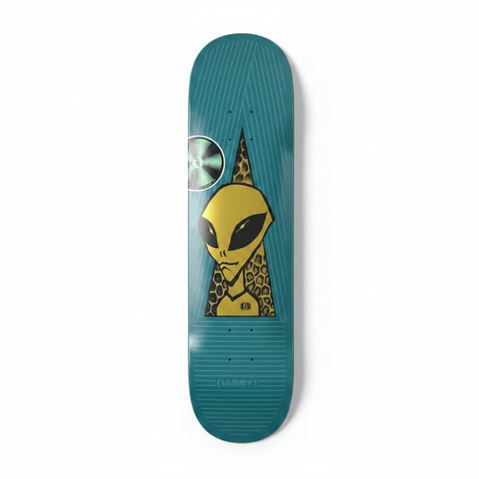 Skateboard deck with alien design on a white surface