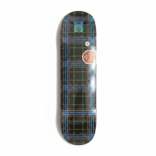 Skateboard deck with plaid pattern on a white surface