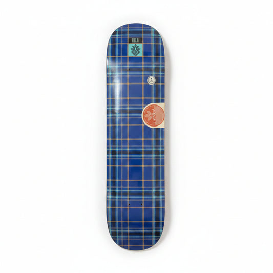 Blue plaid skateboard deck with a logo on a white surface
