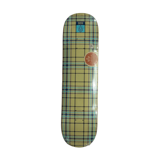Skateboard deck with plaid pattern on a white surface