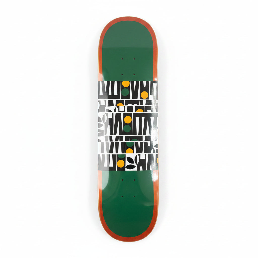 Skateboard deck with geometric pattern on a white surface