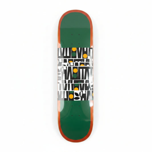 Skateboard deck with geometric pattern on a white surface