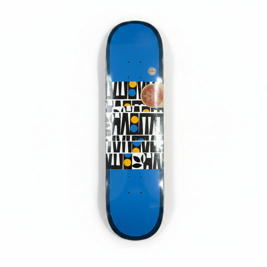 blue skateboard deck with collage type graphic