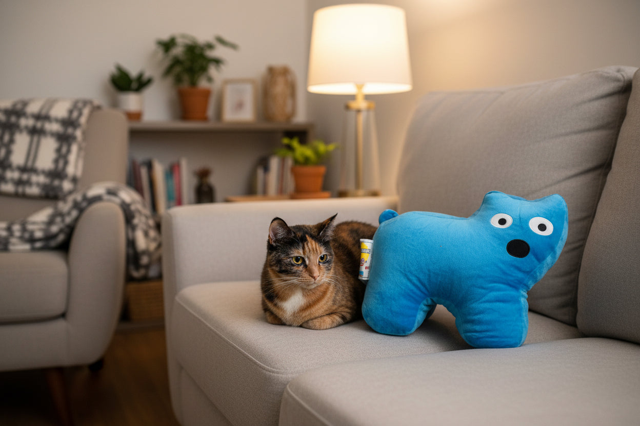 Blue plush toy resembling a cat, sitting next to a cat, on a couch