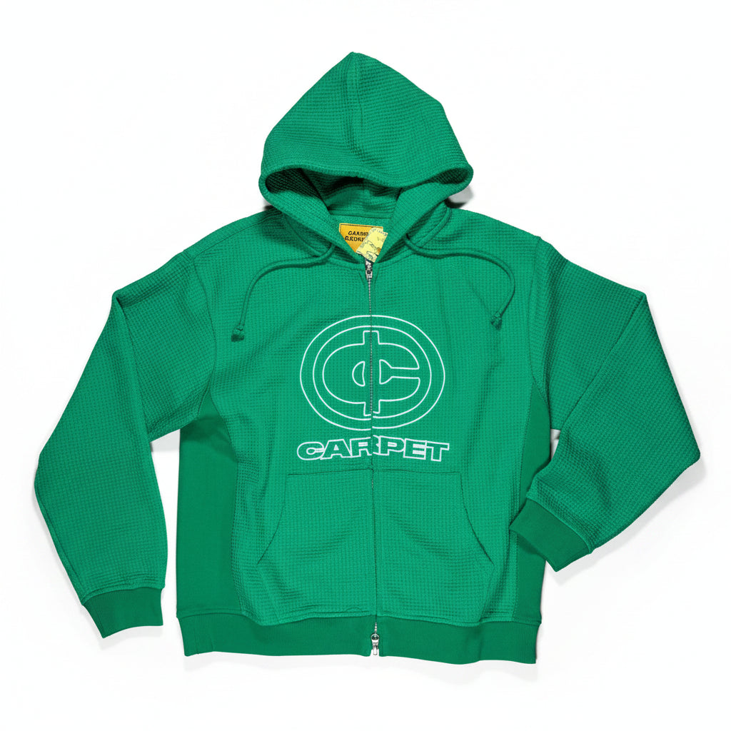 Green thermal zip hoodie with a C cent logo on a white surface