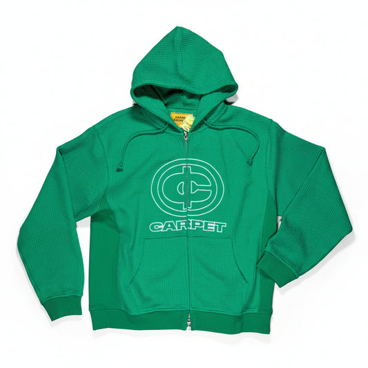 Green thermal zip hoodie with a C cent logo on a white surface