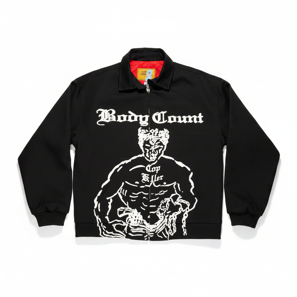 Black jacket with 'Body Count' graphic design on a white surface