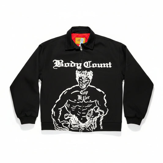 Black jacket with 'Body Count' graphic design on a white surface