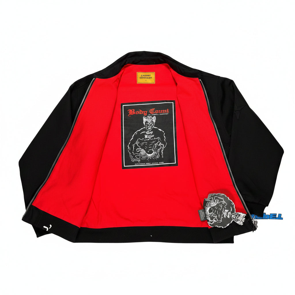 jacket open with Red and black graphic designs on a white surface
