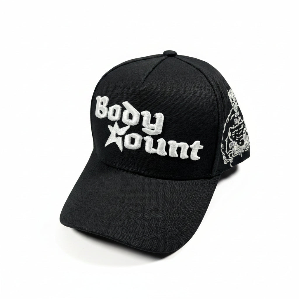 Black cap with 'Body Count' logo on a white surface