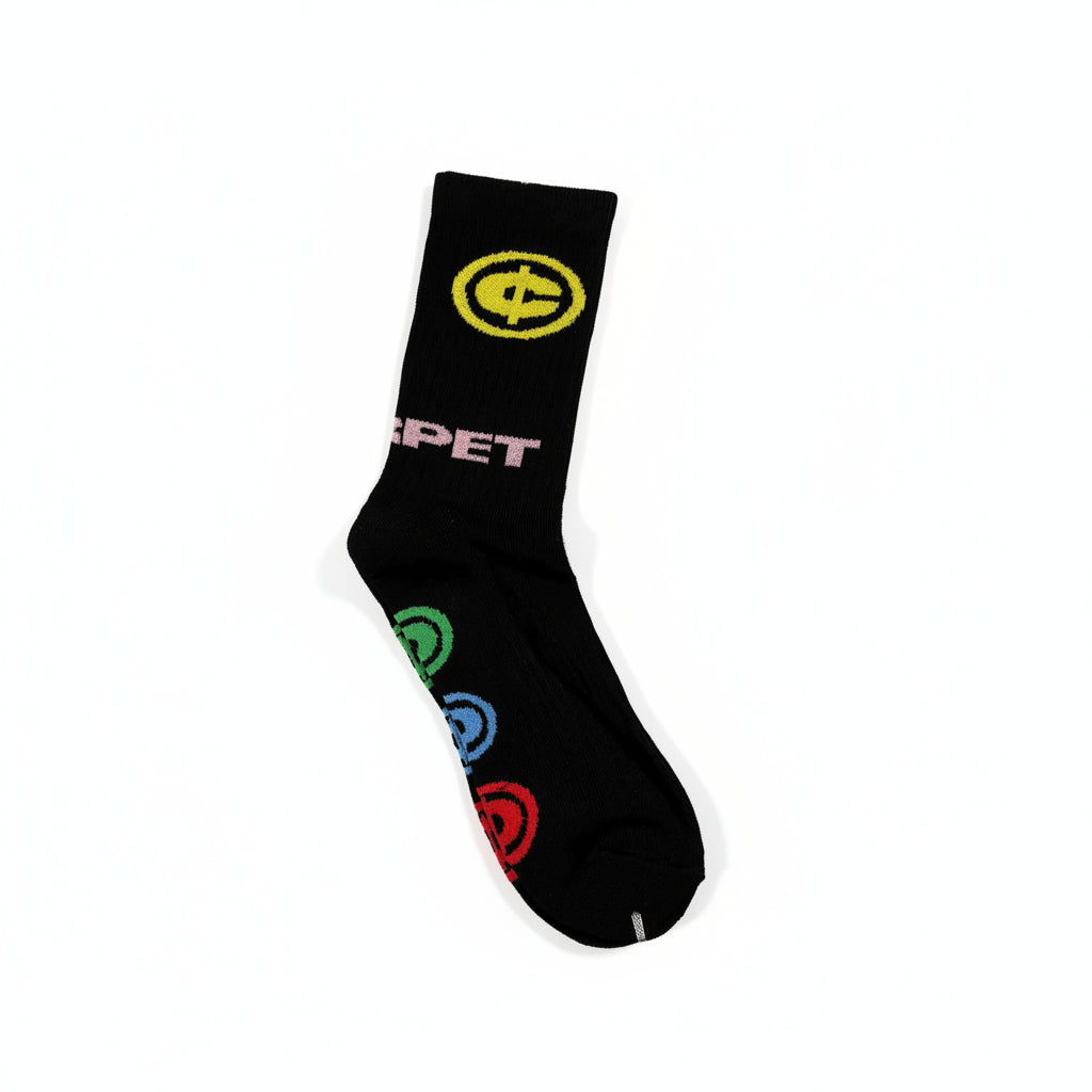 Black sock with colorful logo and text on a white surface