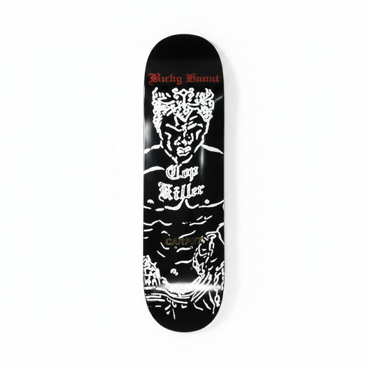 Skateboard deck with a black and white graphic design on a white surface.