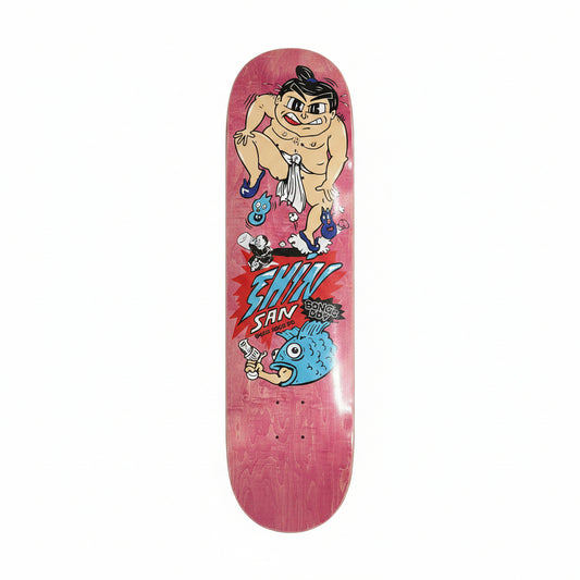 Skateboard deck with cartoon character and 'Shin San' branding on a white surface.