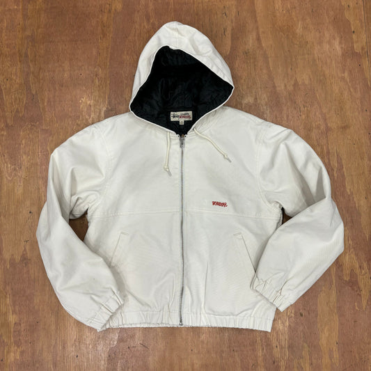 Front view of bone colored hooded work jacket