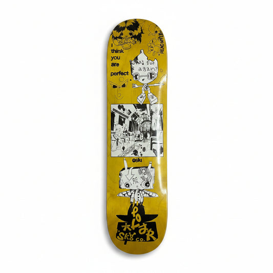 Skateboard deck with artistic design on a white surface