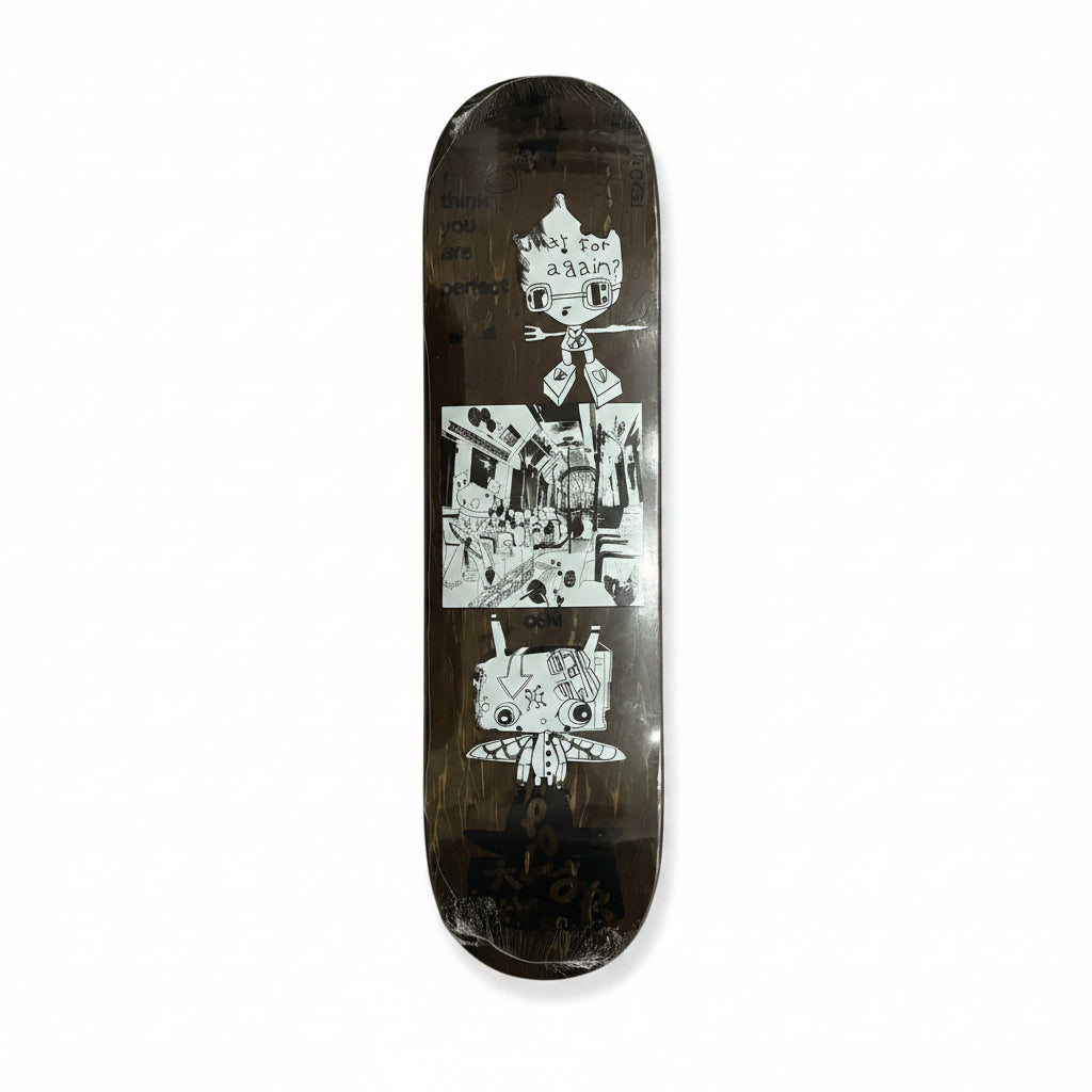 Skateboard deck with black and white graphic design on a white surface