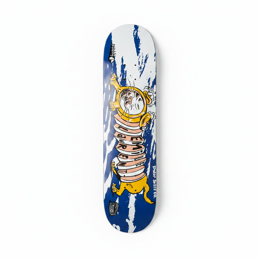 Skateboard deck with a colorful design on a white surface