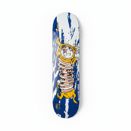 Skateboard deck with a colorful design on a white surface