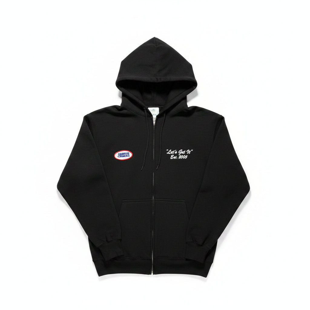 Black hoodie with text and logo on a white surface