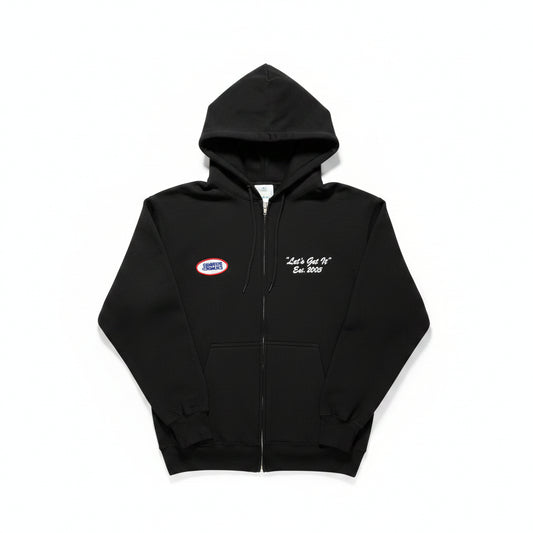 Black hoodie with text and logo on a white surface